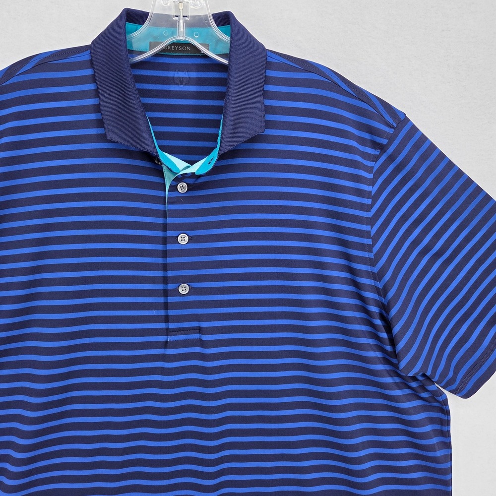Greyson Men XL Ticonderoga‎ Polo Shirt Navy Blue Striped Short Sleeve Golf